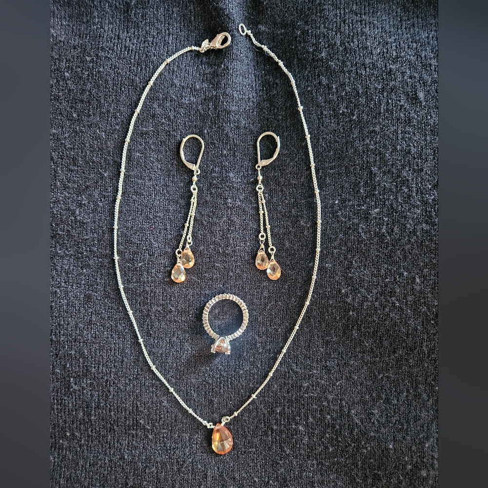 Avon Sparkly Topaz / Silver Necklace, Earrings, Ring Set with Gift Box